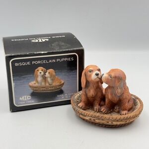 Vintage MIC Bisque Porcelain Puppies in Basket Figurine Brown Dogs Item 15906
